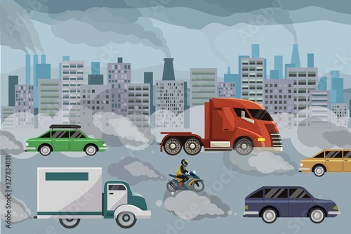 Air pollution vector illustration, factories and cars pollute environment. Ecology polluted with toxic chemicals. City traffic jam dirty industrial smog. Global warming and contamination problem