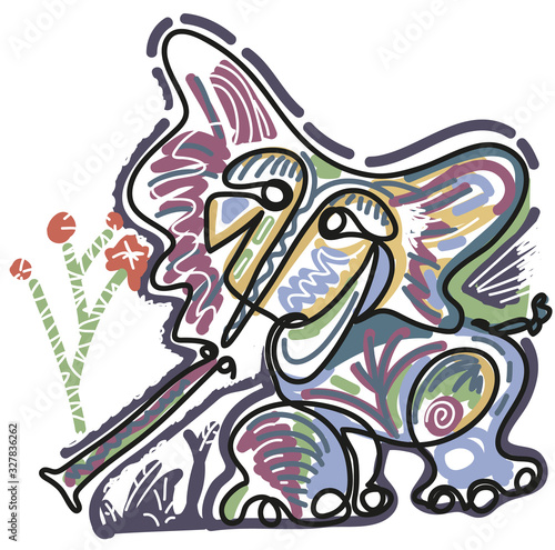 Abstract and One continuous line drawing of elephant Colorful abstract illustration of elephant.