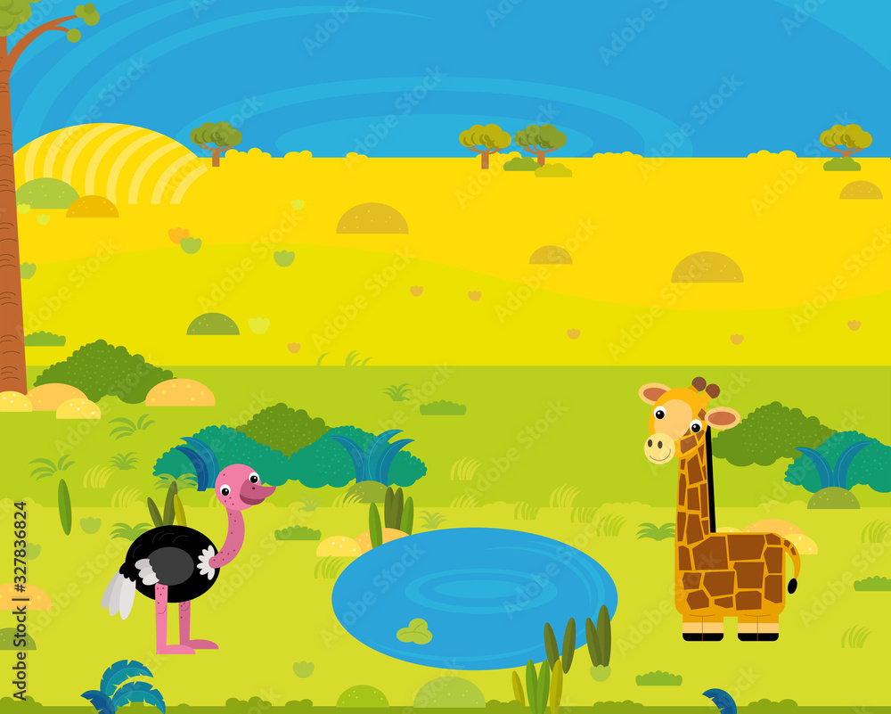 Naklejka cartoon africa safari scene with cute wild animals by the pond illustration