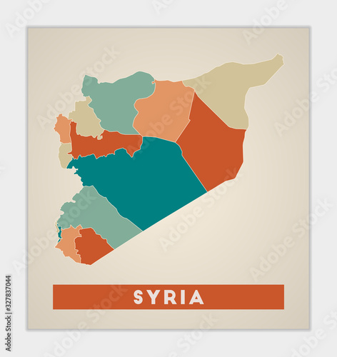 Syria poster. Map of the country with colorful regions. Shape of Syria with country name. Artistic vector illustration.