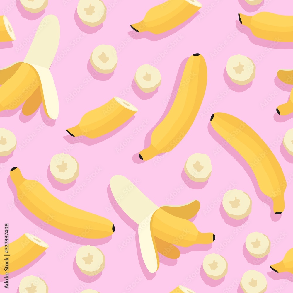 Tropical exotic seamless pattern or texture with yellow peeled and sliced banana on a pink background. Summer food vector illustration for packaging design, wrapping paper print, fabric, textile.