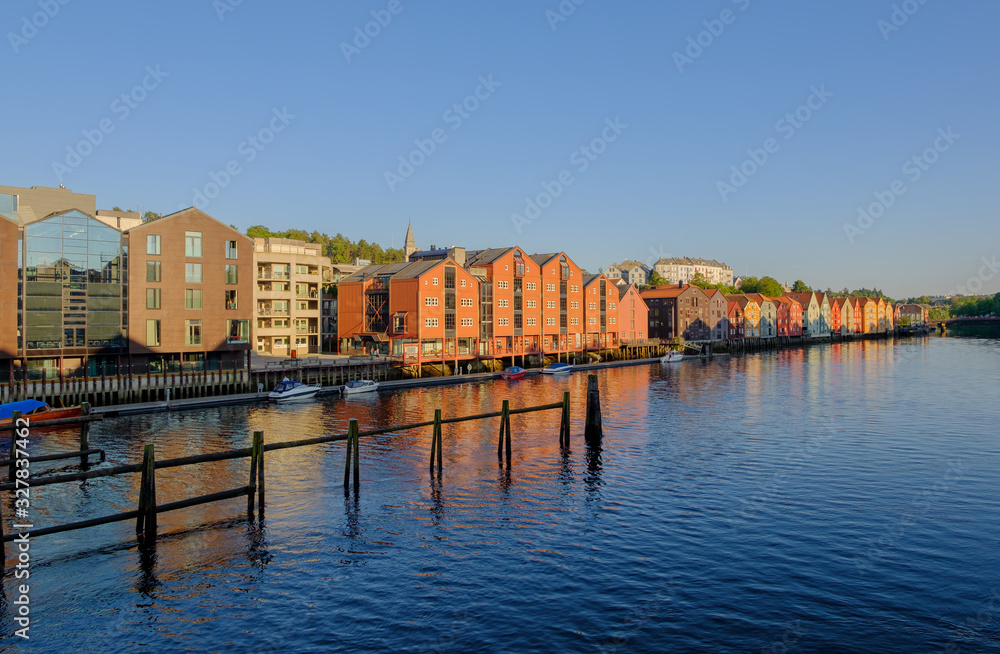 Obraz premium Cityscape of evening Trondheim, Norway - architecture background in july 2019