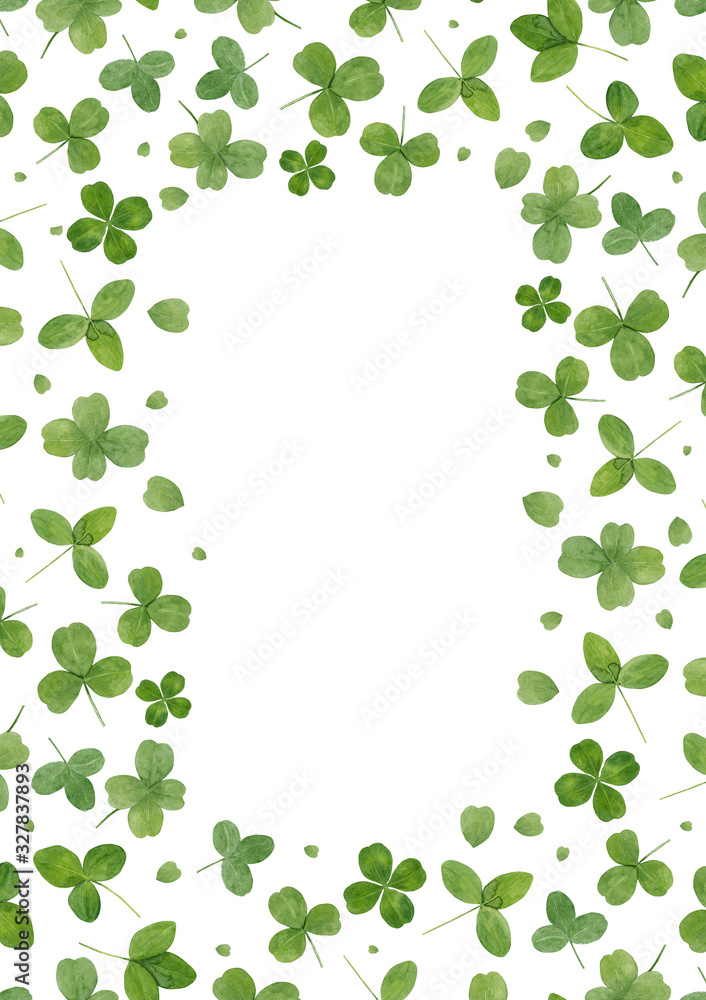 Watercolor hand drawn background with green leaves of clover isolated on white. Frame with square copy space, good for st Patrick's day or summer design. Watercolor hand drawn background with green leaves of clover isolated on white. Frame with square copy space, good for st Patrick's day or summer design.