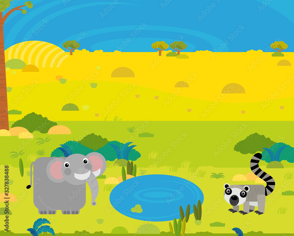 Obraz premium cartoon africa safari scene with cute wild animals by the pond illustration