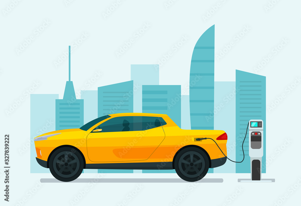 Electric pickup truck car on a background of abstract cityscape. Electric car is charging, side view. Vector flat illustration. Electric pickup truck car on a background of abstract cityscape. Electric car is charging, side view. Vector flat illustration.