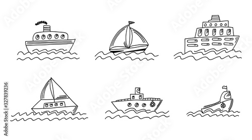Collection of isolated black outline doodle ship, yacht, boat, sailboat. Set of cute sketchy hand drawn sea transport with waves for emblem design, kids books and apps