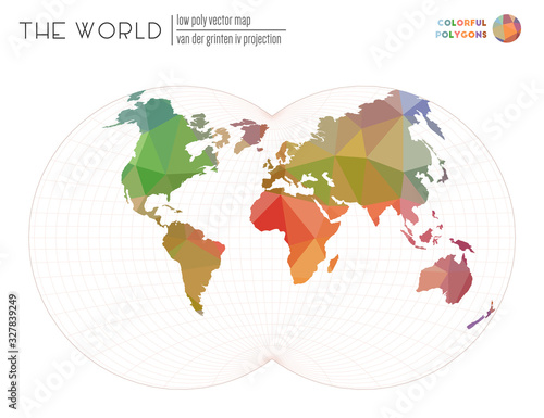Low poly design of the world. Van der Grinten IV projection of the world. Colorful colored polygons. Neat vector illustration.