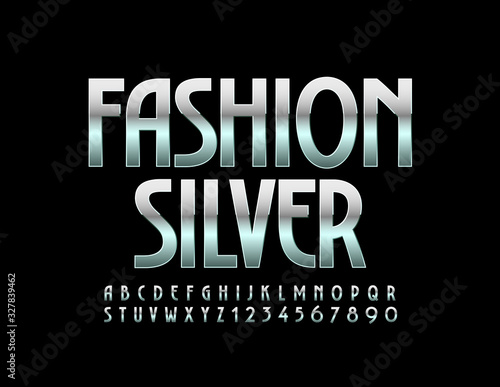 Vector elegant sign Fashion Silver. Metallic glamour Font. Reflective Alphabet Letters and Numbers