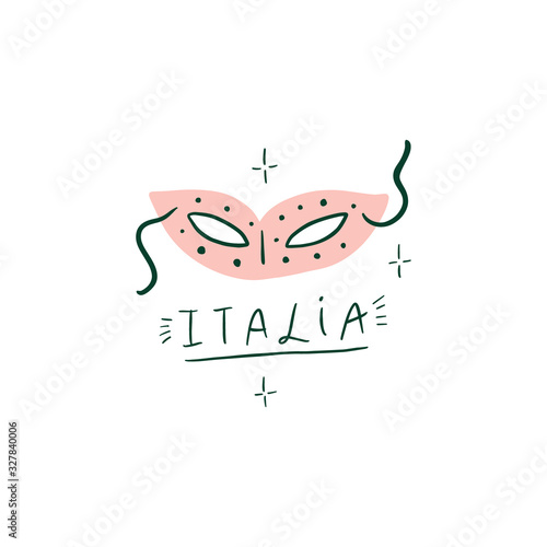 Modern cartoon colorful flat stylized Italian symbol and lettering, cute illustration. Doodle landmarks concept, traditional object of Italy. Venetian red carnival mask. Vector EPS clip art