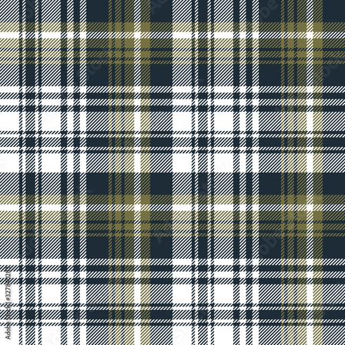 Tartan plaid pattern background. Seamless winter check plaid graphic in dark blue, khaki green, and white for scarf, flannel shirt, blanket, throw, upholstery, skirt, or other modern textile design.