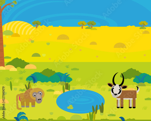 cartoon africa safari scene with cute wild animals by the pond illustration © honeyflavour