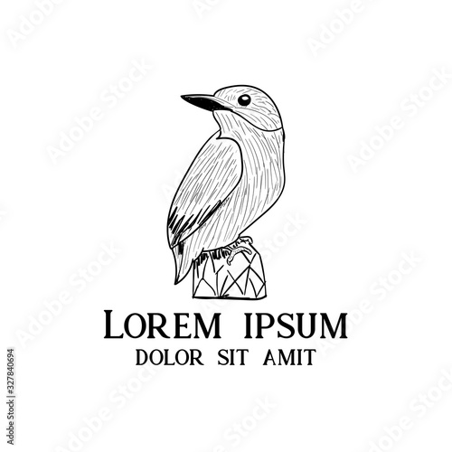 Vector line drawing bird sitting at tree branch, sketch of sparrow, hand drawn songbird, isolated nature design element