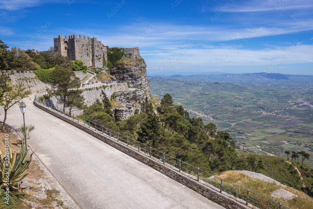 Road to remains of Norman Castle called Venus Castle in Erice, small town located on a mountain near Trapani city, Sicily Island in Italy
