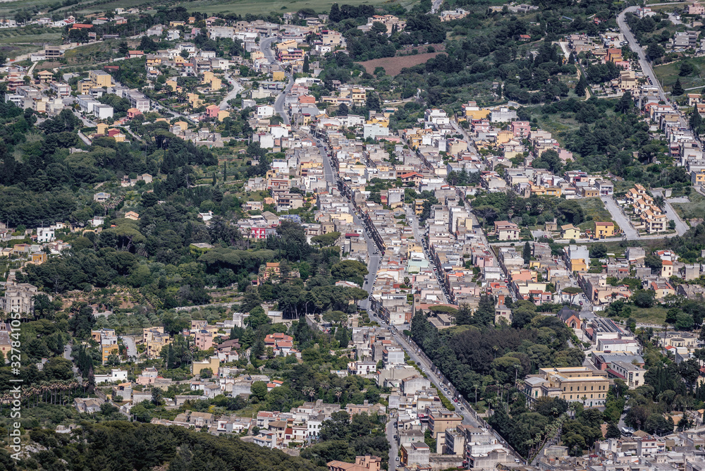 Aerial view on Valderice town from Erice, small town located on a mountain near Trapani city, Sicily Island in Italy