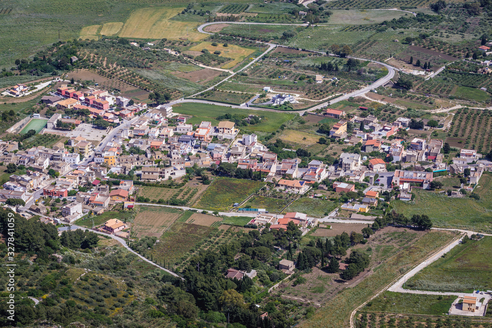 Aerial view on Valderice town from Erice, small town located on a mountain near Trapani city, Sicily Island in Italy