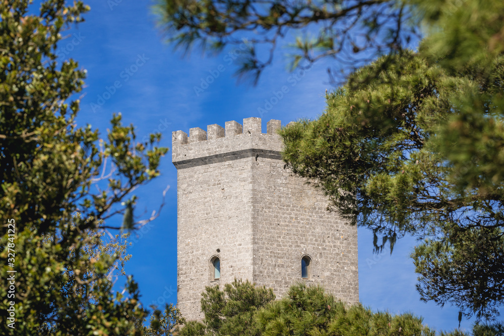 Tower of Balio Castle in Erice, small town located on a mountain near Trapani city, Sicily Island in Italy