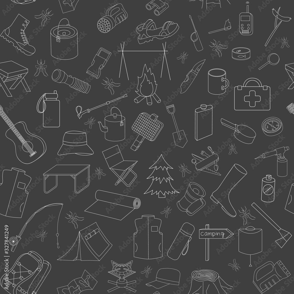 camping seamless background on black, silhouettes of various accessories for tourism, Hiking, Travel, summer holidays pattern camping seamless background on black, silhouettes of various accessories for tourism, Hiking, Travel, summer holidays pattern