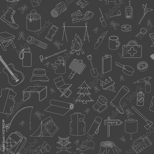 camping seamless background on black, silhouettes of various accessories for tourism, Hiking, Travel, summer holidays pattern