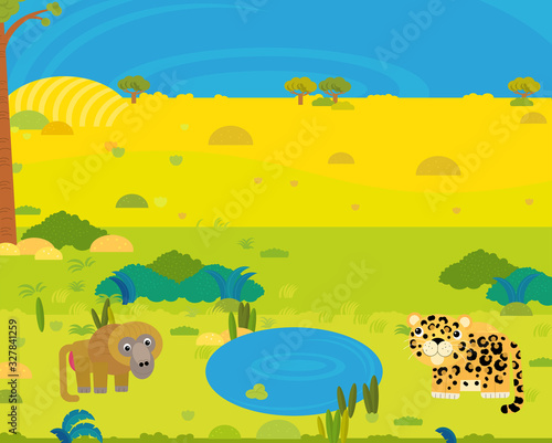 cartoon africa safari scene with cute wild animals by the pond illustration