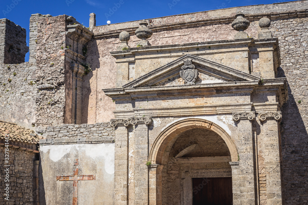 Entrance to St Dominic Church in Erice, small town located on a mountain near Trapani city, Sicily Island in Italy