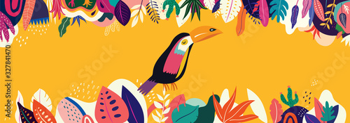 Vector colorful illustration with tropical flowers, leaves and toucan	