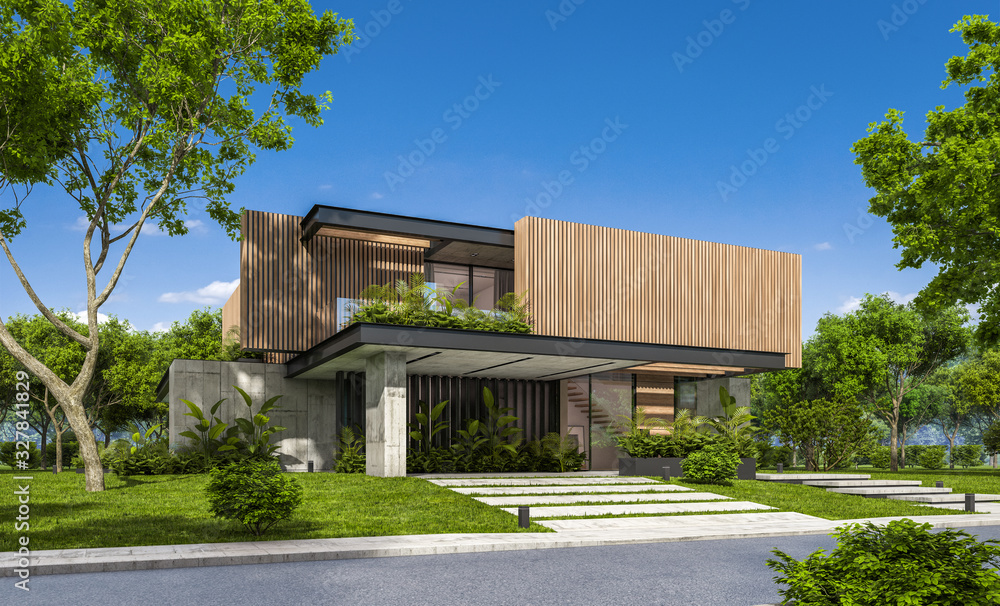 3d rendering of modern cozy house with parking and pool for sale or rent with wood plank facade and beautiful landscaping on background. Clear sunny summer day with blue sky. 3d rendering of modern cozy house with parking and pool for sale or rent with wood plank facade and beautiful landscaping on background. Clear sunny summer day with blue sky.