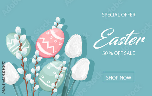 Happy Easter sale banner with eggs, white catkins and tulip flowers decorations