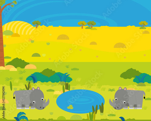 cartoon africa safari scene with cute wild animals by the pond illustration © honeyflavour