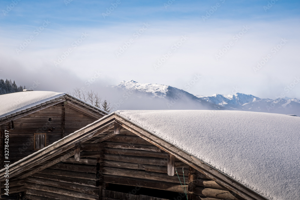 view at a snowcapped mountain with hut view at a snowcapped mountain with hut