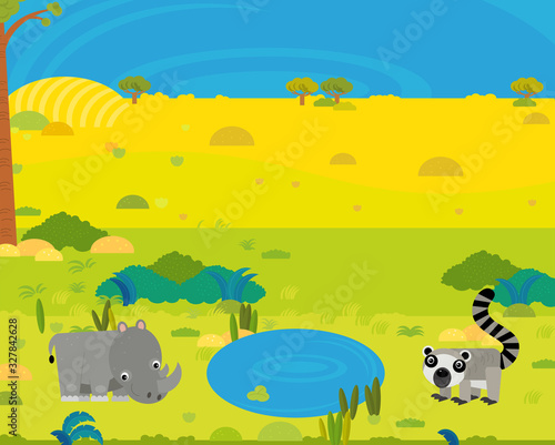 cartoon africa safari scene with cute wild animals by the pond illustration