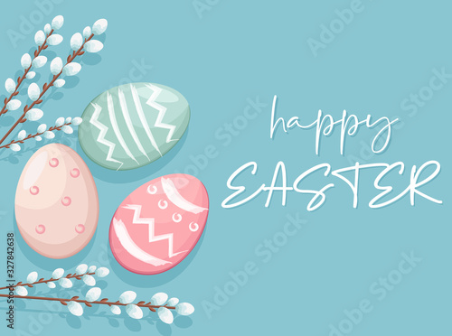 Happy Easter eggs with white catkins decorations. Vibrant colors with blue background © castecodesign