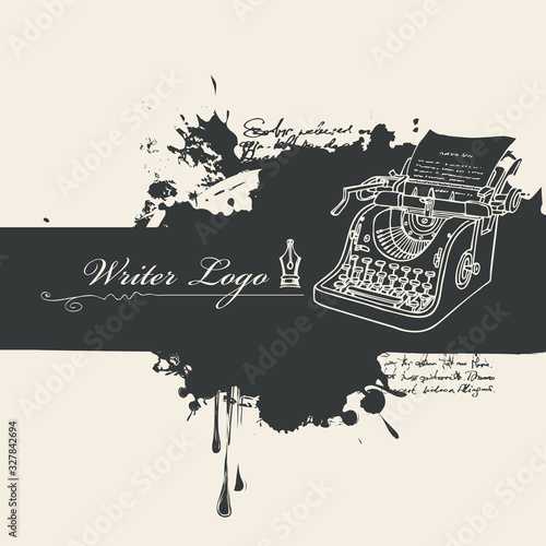 Vector banner with abstract spots and calligraphic inscription Writer logo. Black and white artistic illustration with fountain pen, blots and stains in retro style
