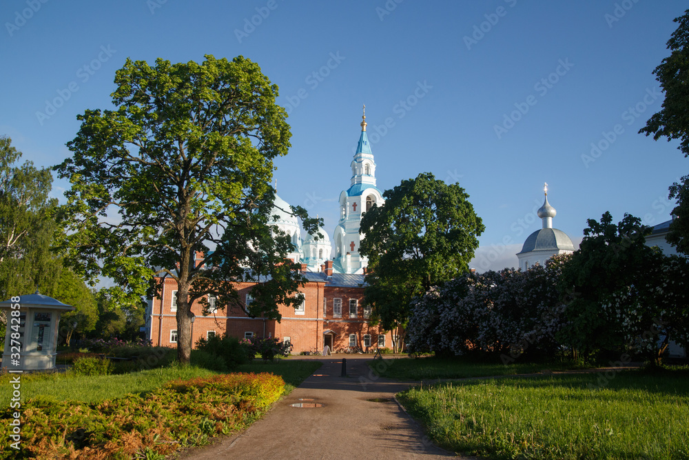 Cathedral Valaam monastery on a clear summer day view from the park, Valaam island, Karelia, Russia.