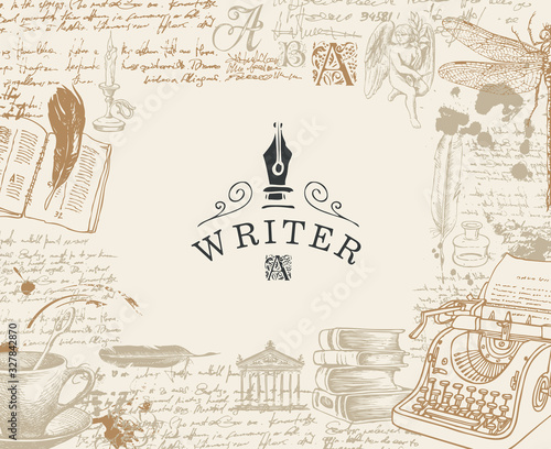 Vector banner on a writers theme with sketches and place for text in vintage style. Artistic illustration with hand-drawn typewriter, angel, books and handwritten notes with spots. Writer workspace.