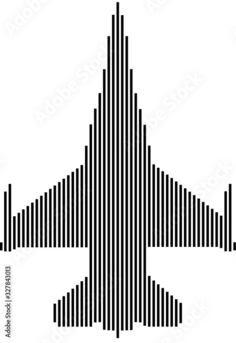 Vector silhouette of fighter jet F-16 in line art on white background.
