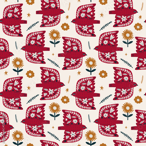 Spring seamless pattern. Birds with folk nordic floral ornaments. Paper cut animals in flat modern scandinavian style. Hand drawn colored set. Hygge and lagom design concept. Vector EPS