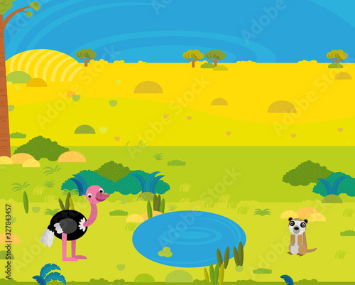 cartoon africa safari scene with cute wild animals by the pond illustration