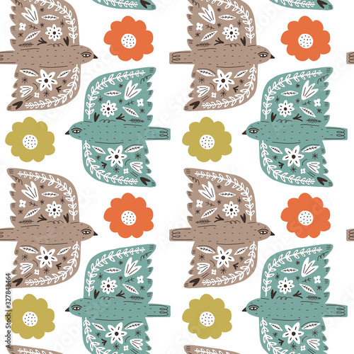 Spring seamless pattern. Birds with folk nordic floral ornaments. Paper cut animals in flat modern scandinavian style. Hand drawn colored set. Hygge and lagom design concept. Vector EPS