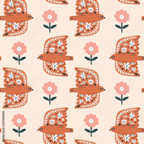 Spring seamless pattern. Birds with folk nordic floral ornaments. Paper cut animals in flat modern scandinavian style. Hand drawn colored set. Hygge and lagom design concept. Vector EPS