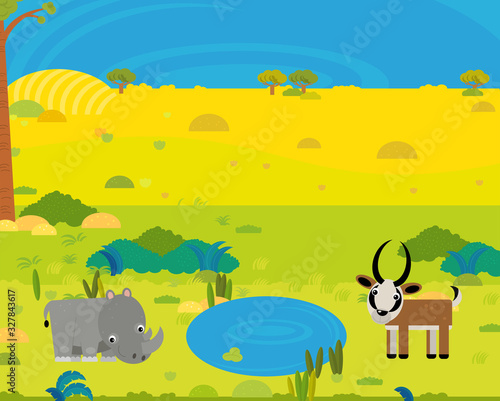 cartoon africa safari scene with cute wild animals by the pond illustration