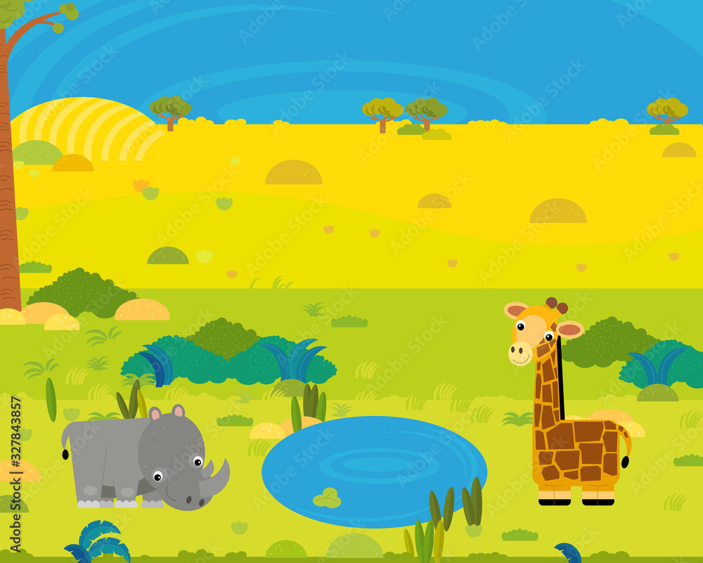 Naklejka cartoon africa safari scene with cute wild animals by the pond illustration