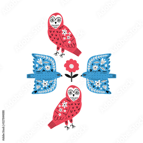 Modern folk tribal boho patterned animals in Scandinavian style. Floral Slovak ornament, inspired by northern mythology and fairy tales. Swedish folklore drawing, Nordic flowers. Woodland characters c