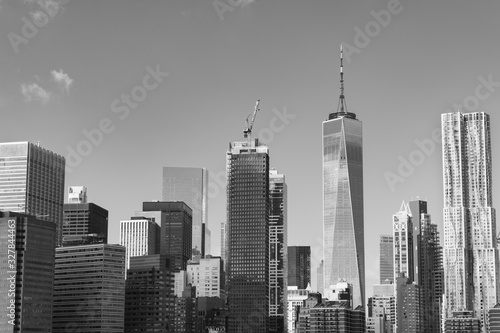 Black and White Lower Manhattan New York City Skyline Scene with Modern Skyscrapers on a Clear Day
