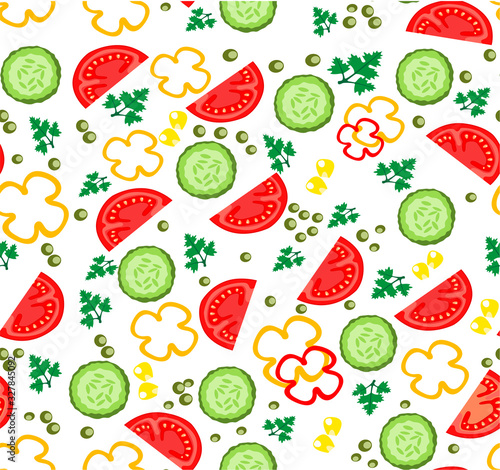 Fototapeta Naklejka Na Ścianę i Meble -  Vegetable pattern - vector illustration. Set of slice vegetables for salad. Ripe slices of tomato and cucumber with juicy sweet pepper and peas and corn with greens. A healthy balanced diet. Vegetaria