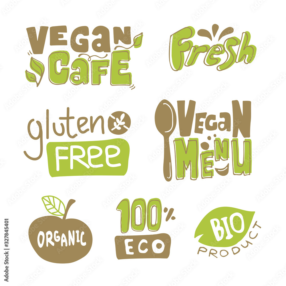 Hand drawn Set for vegan cafe, healthy organic food labels, tags ...