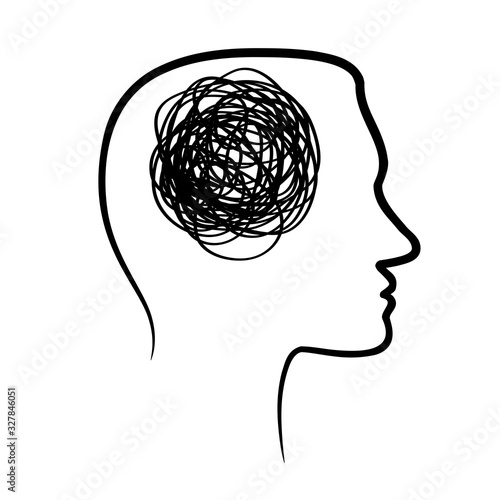 silhouette of huan head with tangled line inside, like brain. concept of chaotic thought process, confusion, personality disorder and depression