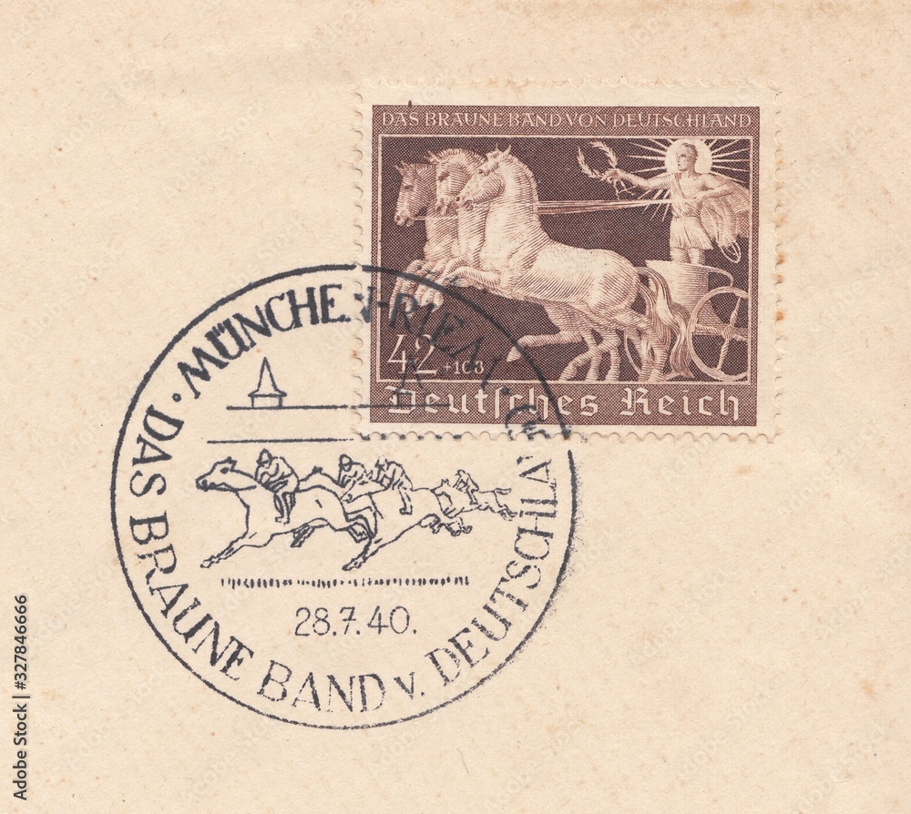 Chariot of antiquity. Postmark of Munich stadium Rome. Horse race 