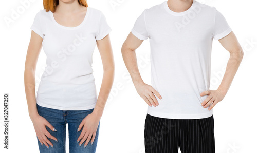 Man and girl in white T-shirt isolated on a white isolated, tshirt close up empty copy space