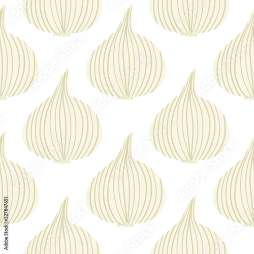 Abstract onion seamless pattern on white backdrop. Hand drawn onion bulb vegetable wallpaper.