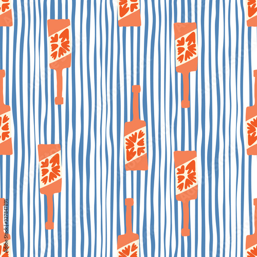 Alcohol rum bottles.Funny glass bottle seamless pattern on blue stripes background.